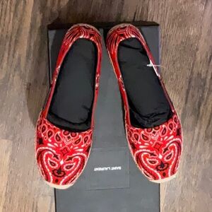 YSL Red Bandana Print Canvas Espadrilles - size EU 37.5 or US 7 New In Box.